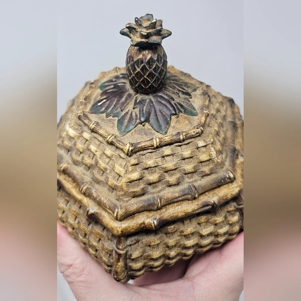 Unique Vintage Trinket Jewelry Box Chinese Style Woven Pineapple Lid Footed